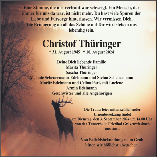 Traueranzeige von Christof Thüringer von Usinger Anzeiger, Usinger Anzeigenblatt