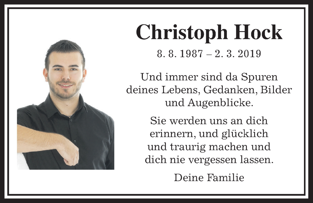  Traueranzeige für Christoph Hock vom 08.08.2024 aus Mücker Stimme