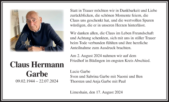 Traueranzeige von Claus Hermann Garbe von Kreis-Anzeiger