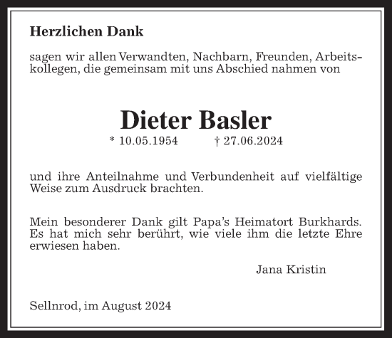 Traueranzeige von Dieter Basler von Mücker Stimme, Kreis-Anzeiger