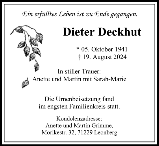 Traueranzeige von Dieter Deckhut von Butzbacher Zeitung