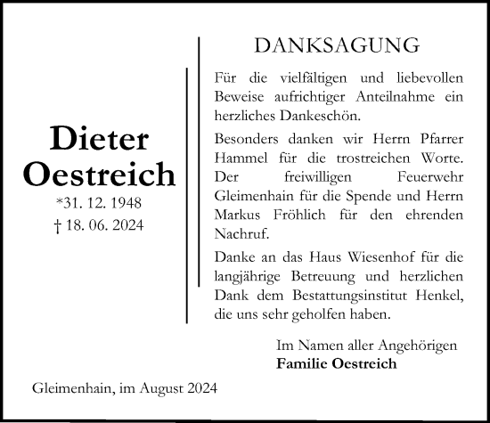 Traueranzeige von Dieter Dieter von Oberhessische Zeitung