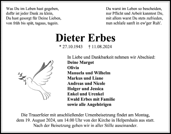 Traueranzeige von Dieter Erbes von Oberhessische Zeitung, Alsfelder Allgemeine