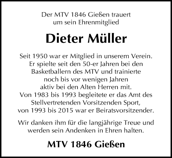 Traueranzeige von Dieter Müller von Giessener Allgemeine, Alsfelder Allgemeine, Giessener Anzeiger