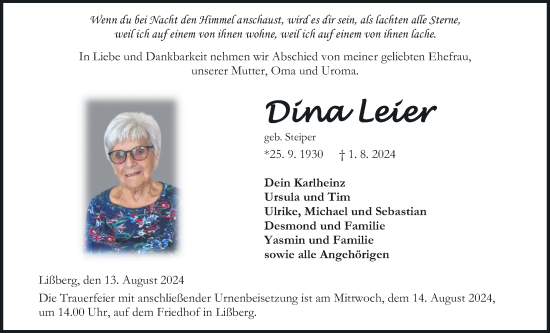 Traueranzeige von Dina Leier von Kreis-Anzeiger