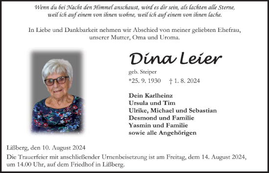 Traueranzeige von Dina Leier von Kreis-Anzeiger