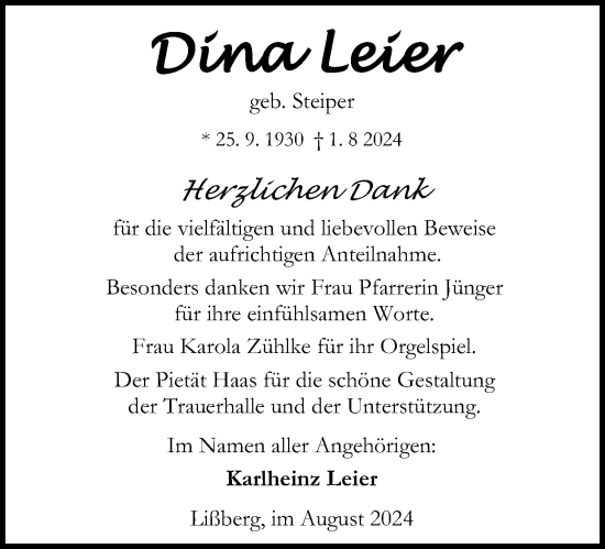 Traueranzeige von Dina Leier von Kreis-Anzeiger