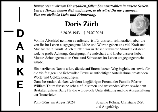 Traueranzeige von Doris Zörb von Butzbacher Zeitung