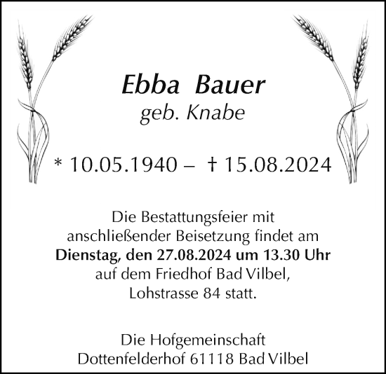 Traueranzeige von Ebba Bauer von Bad Vilbel/Karben