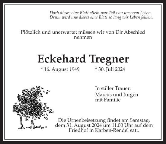 Traueranzeige von Eckehard Tregner von Bad Vilbel/Karben