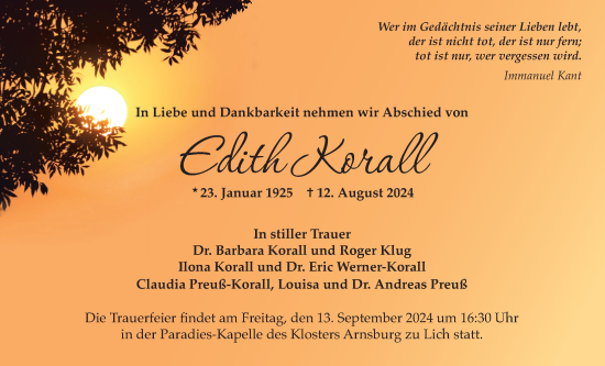 Traueranzeige von Edith Korall von Licher Wochenblatt