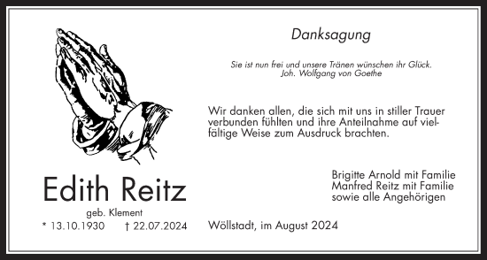Traueranzeige von Edith Reitz von Wetterauer Zeitung