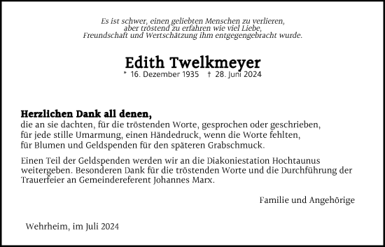 Traueranzeige von Edith Twelkmeyer von Usinger Anzeiger