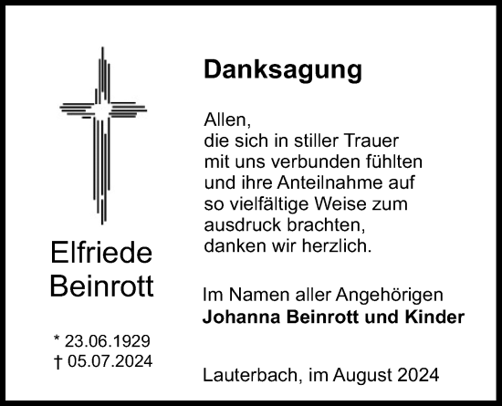 Traueranzeige von Elfriede Beinrott von Lauterbacher Anzeiger