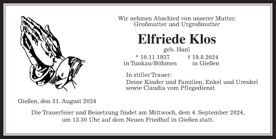 Traueranzeige von Elfriede Klos von Giessener Allgemeine, Alsfelder Allgemeine