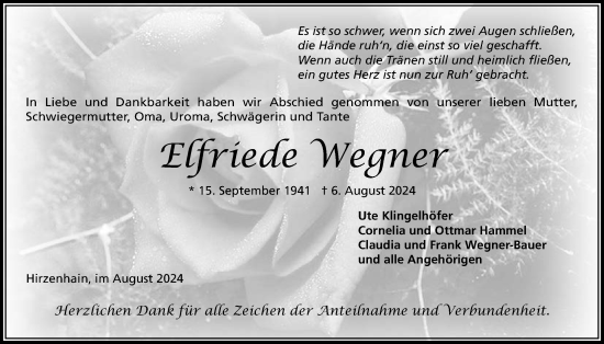 Traueranzeige von Elfriede Wegner von Kreis-Anzeiger
