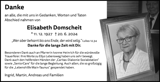 Traueranzeige von Elisabeth Domscheit 