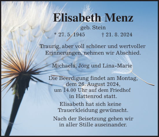 Traueranzeige von Elisabeth Menz von Giessener Allgemeine, Alsfelder Allgemeine