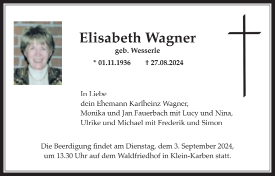 Traueranzeige von Elisabeth Wagner von Wetterauer Zeitung