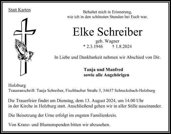 Traueranzeige von Elke Schreiber von Oberhessische Zeitung