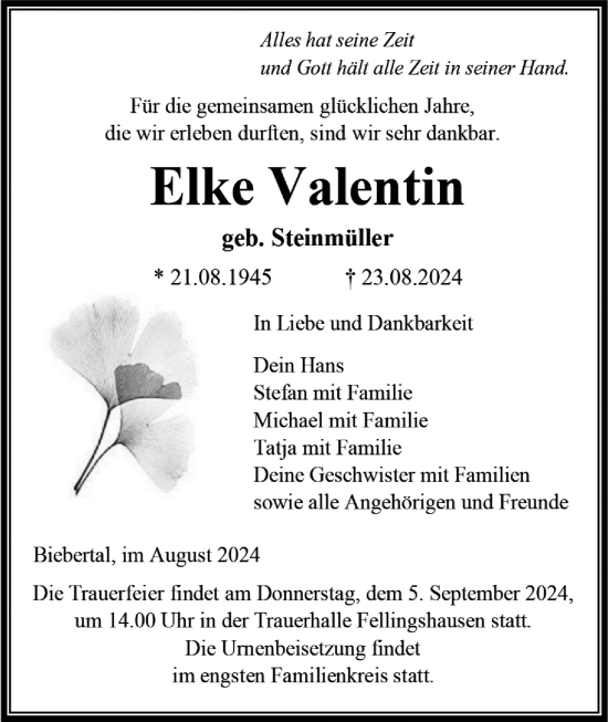 Traueranzeige von Elke Valentin von Giessener Allgemeine, Alsfelder Allgemeine, Giessener Anzeiger