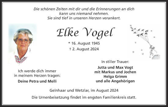 Traueranzeige von Elke Vogel von Kreis-Anzeiger