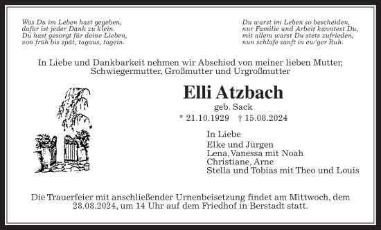 Traueranzeige von Elli Atzbach von Wetterauer Zeitung