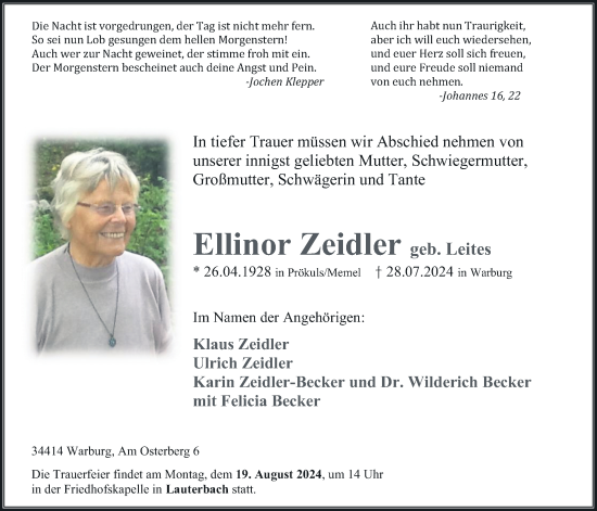 Traueranzeige von Ellinor Zeidler von Lauterbacher Anzeiger