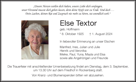 Traueranzeige von Else Textor von Wetterauer Zeitung, Butzbacher Zeitung