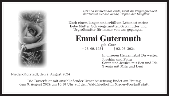 Traueranzeige von Emmi Gutermuth von Wetterauer Zeitung, Wetterauer Zeitung