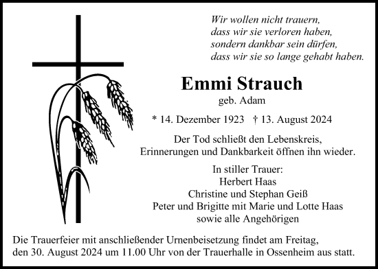 Traueranzeige von Emmi Strauch von Wetterauer Zeitung