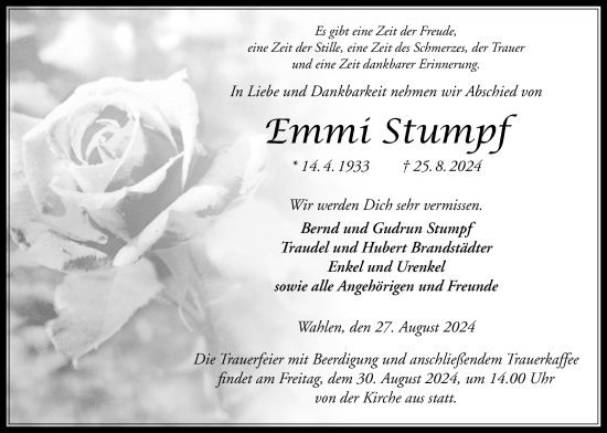Traueranzeige von Emmi Stumpf von Oberhessische Zeitung