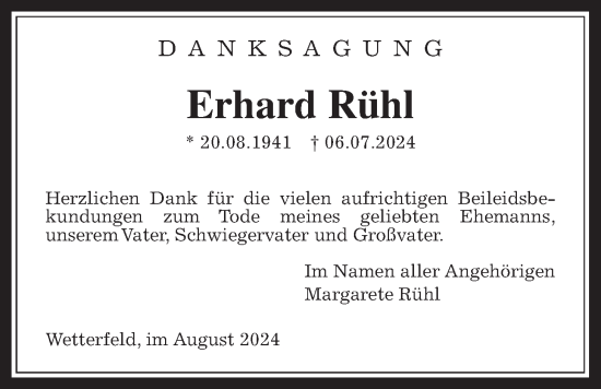 Traueranzeige von Erhard Rühl von Laubacher Anzeiger