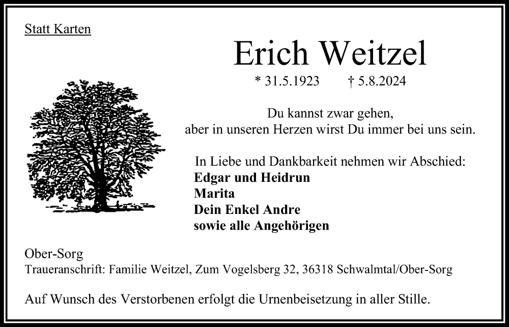  Traueranzeige für Erich Weitzel vom 10.08.2024 aus 