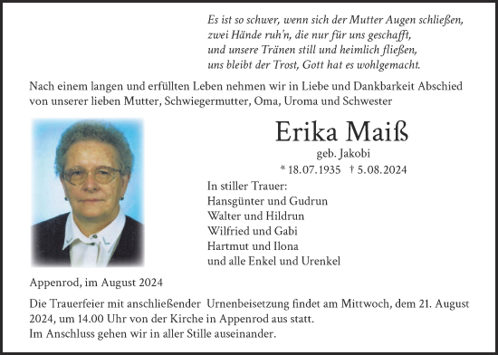 Traueranzeige von Erika Maiß von Oberhessische Zeitung, Alsfelder Allgemeine