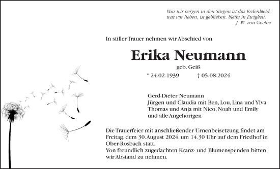 Traueranzeige von Erika Neumann von Wetterauer Zeitung