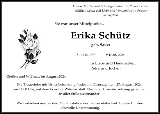 Traueranzeige von Erika Schütz von Giessener Allgemeine, Alsfelder Allgemeine