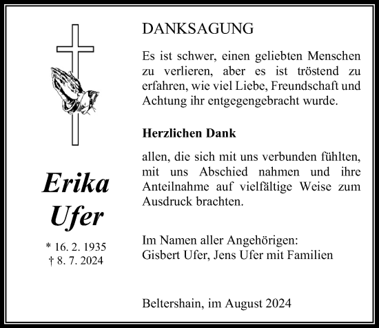 Traueranzeige von Erika Ufer von Giessener Allgemeine, Alsfelder Allgemeine