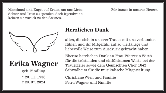 Traueranzeige von Erika Wagner von Wetterauer Zeitung
