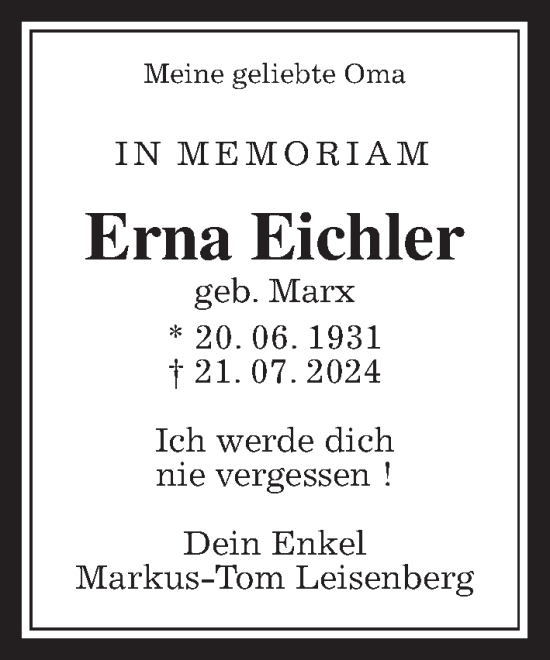 Traueranzeige von Erna Eichler von Giessener Allgemeine, Alsfelder Allgemeine