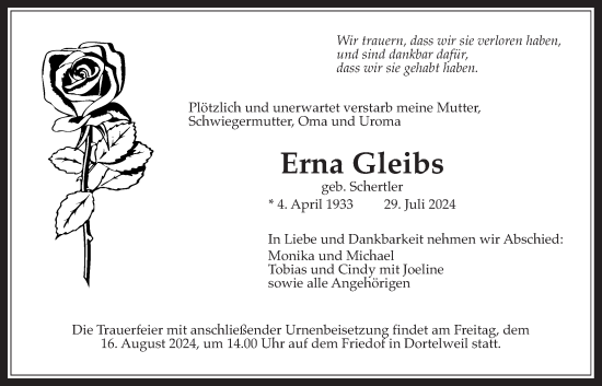 Traueranzeige von Erna Gleibs von Bad Vilbel/Karben