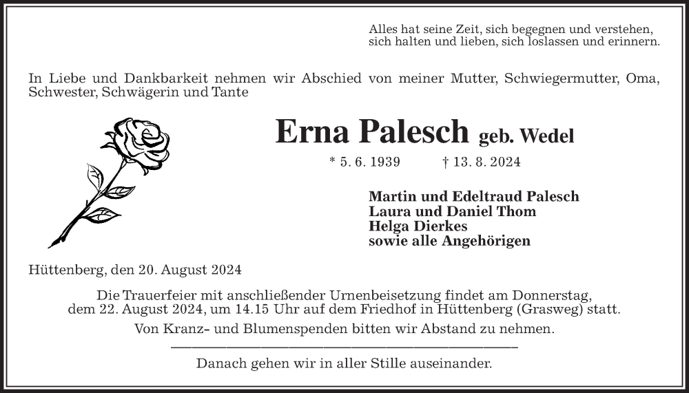  Traueranzeige für Erna Palesch vom 20.08.2024 aus Giessener Anzeiger