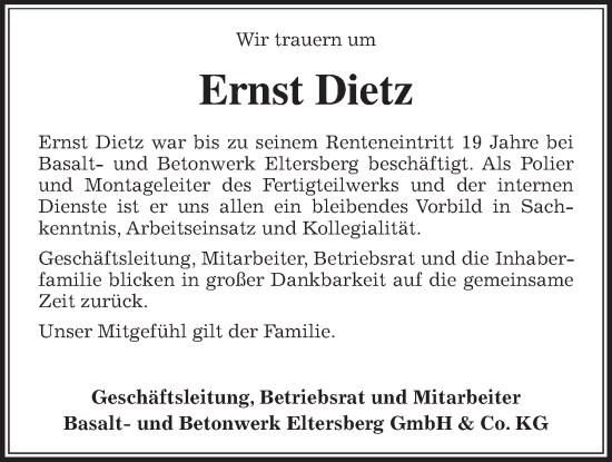 Traueranzeige von Ernst Dietz von Giessener Allgemeine, Alsfelder Allgemeine, Giessener Anzeiger