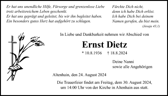 Traueranzeige von Ernst Dietz von Giessener Allgemeine, Alsfelder Allgemeine, Giessener Anzeiger