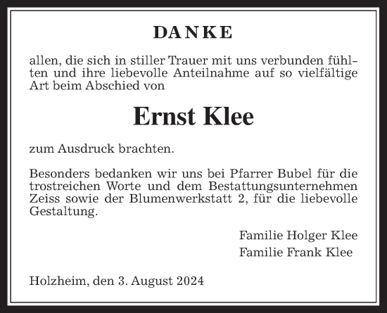 Traueranzeige von Ernst Klee von Giessener Allgemeine, Alsfelder Allgemeine
