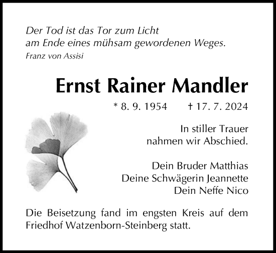 Traueranzeige von Ernst Rainer Mandler von Giessener Anzeiger