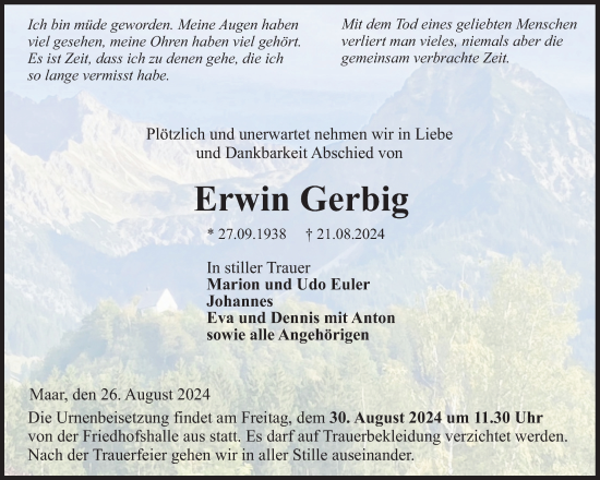 Traueranzeige von Erwin Gerbig von Lauterbacher Anzeiger
