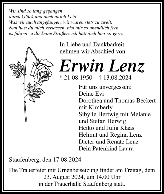 Traueranzeige von Erwin Lenz von Giessener Allgemeine, Alsfelder Allgemeine