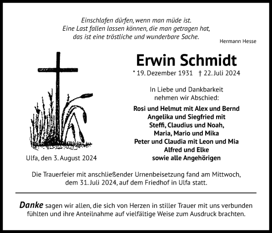 Traueranzeige von Erwin Schmidt von Kreis-Anzeiger