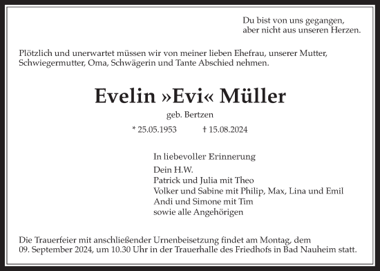 Traueranzeige von Evelin Müller von Wetterauer Zeitung